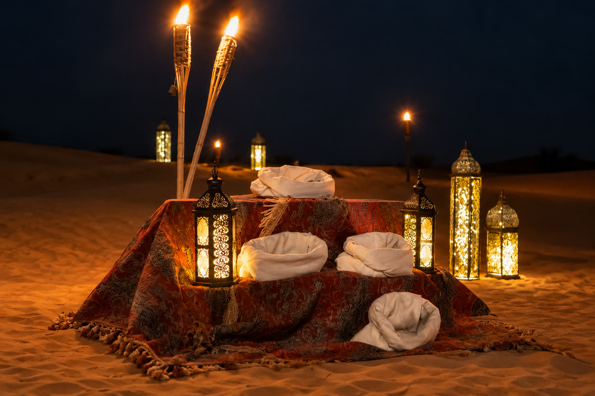 A private desert campsite glowing under a night sky