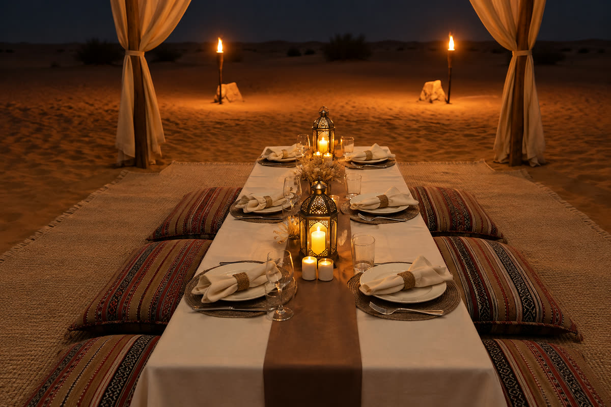 An intimate private dinner table set with lanterns and cushioned floor seating in the desert at night