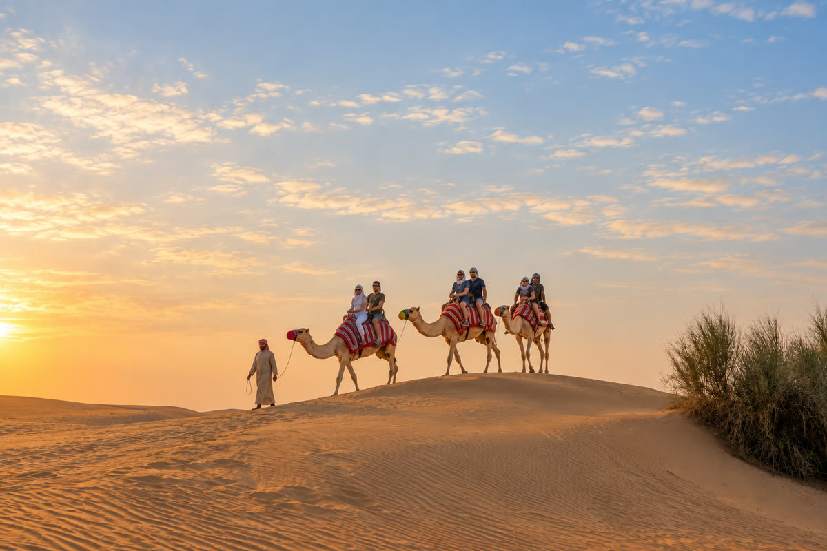 A camel caravan crossing the desert in the morning