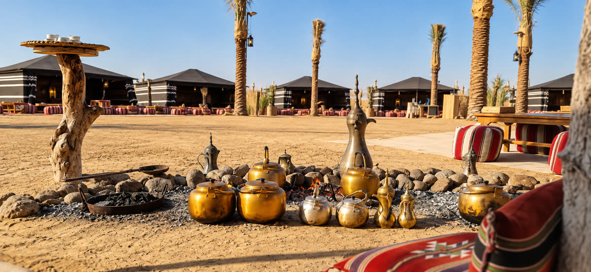 Traditional Arabic coffee being prepared at a heritage desert setting