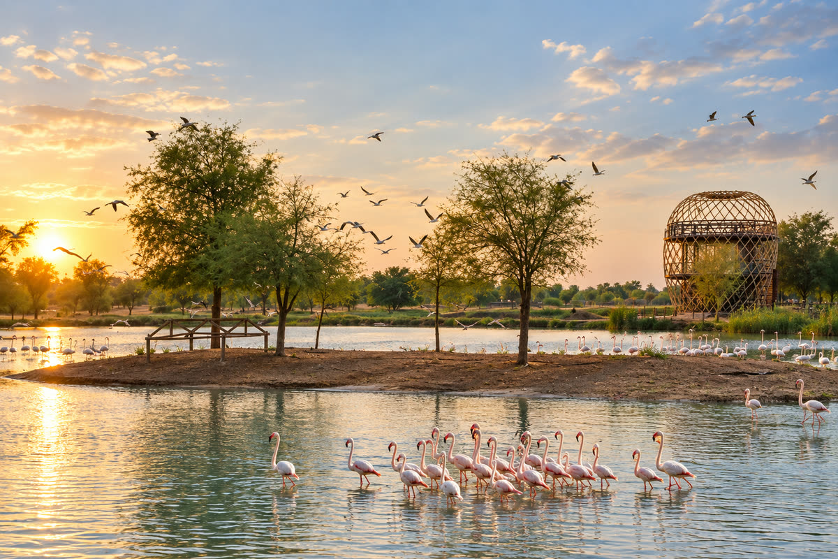 A desert oasis lake with flamingos at sunset
