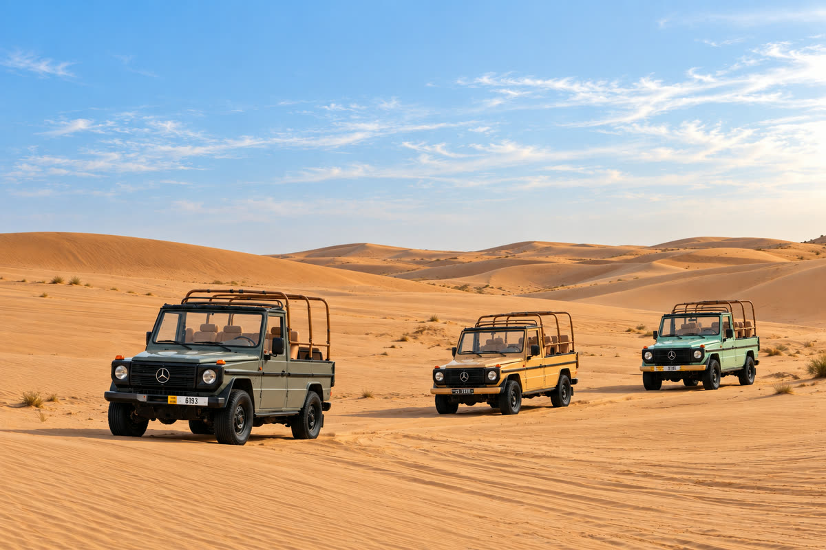 Three vintage open-sided 4x4 desert vehicles parked on sand under a blue sky