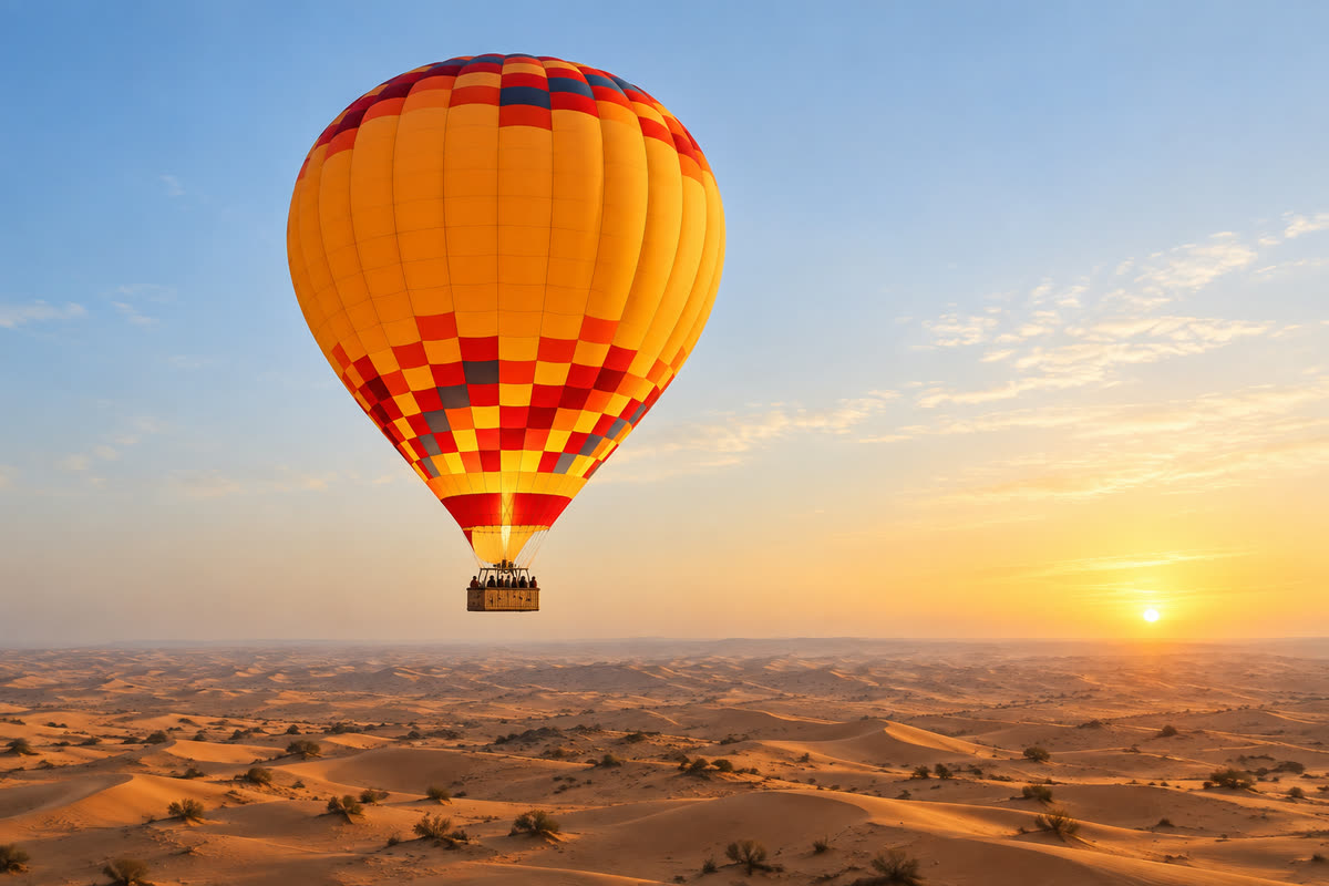 A hot air balloon floating over desert dunes at sunrise