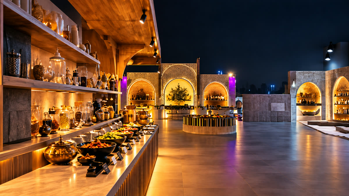 A premium desert camp lit for the evening