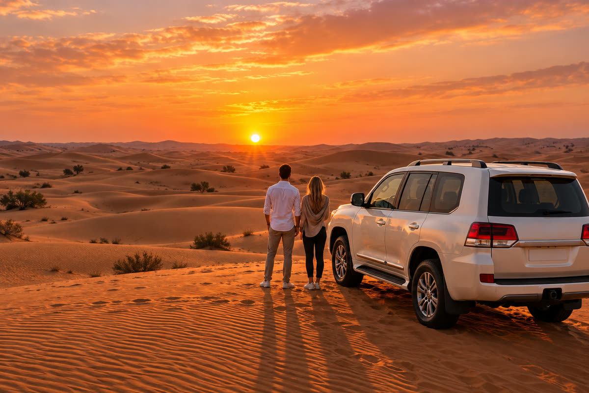 A couple standing beside a white 4x4 watching the sunset over desert dunes