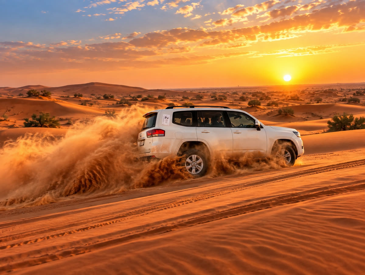 A 4x4 vehicle driving across desert sand dunes