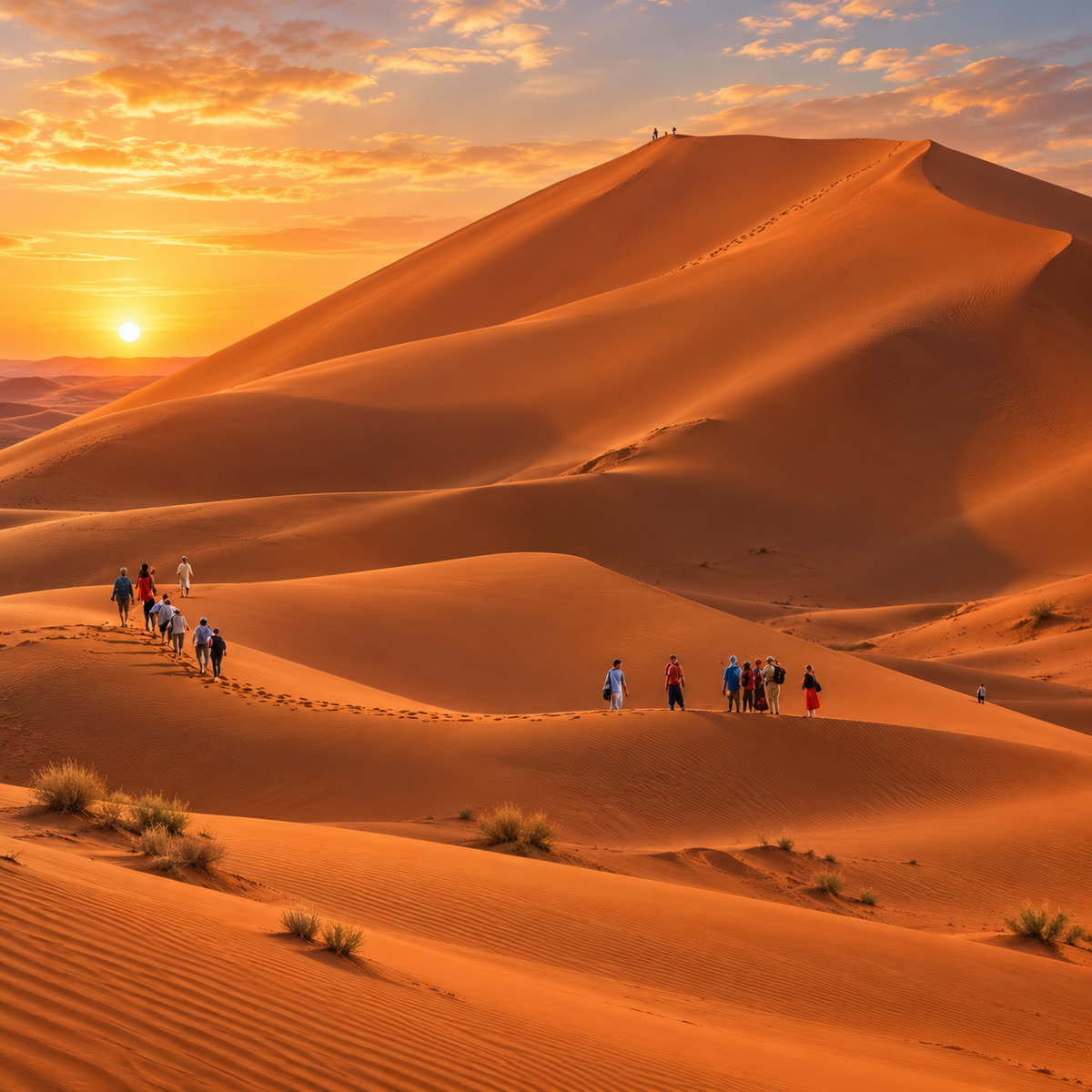 Golden-red desert dunes at sunset with a small group of people walking along the sand