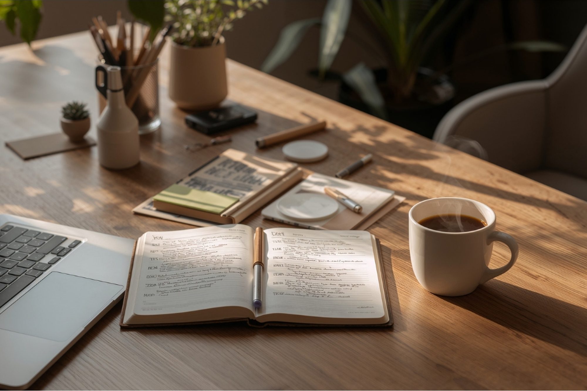 A calm desk with a notebook, coffee and reading glasses, set for trip planning.