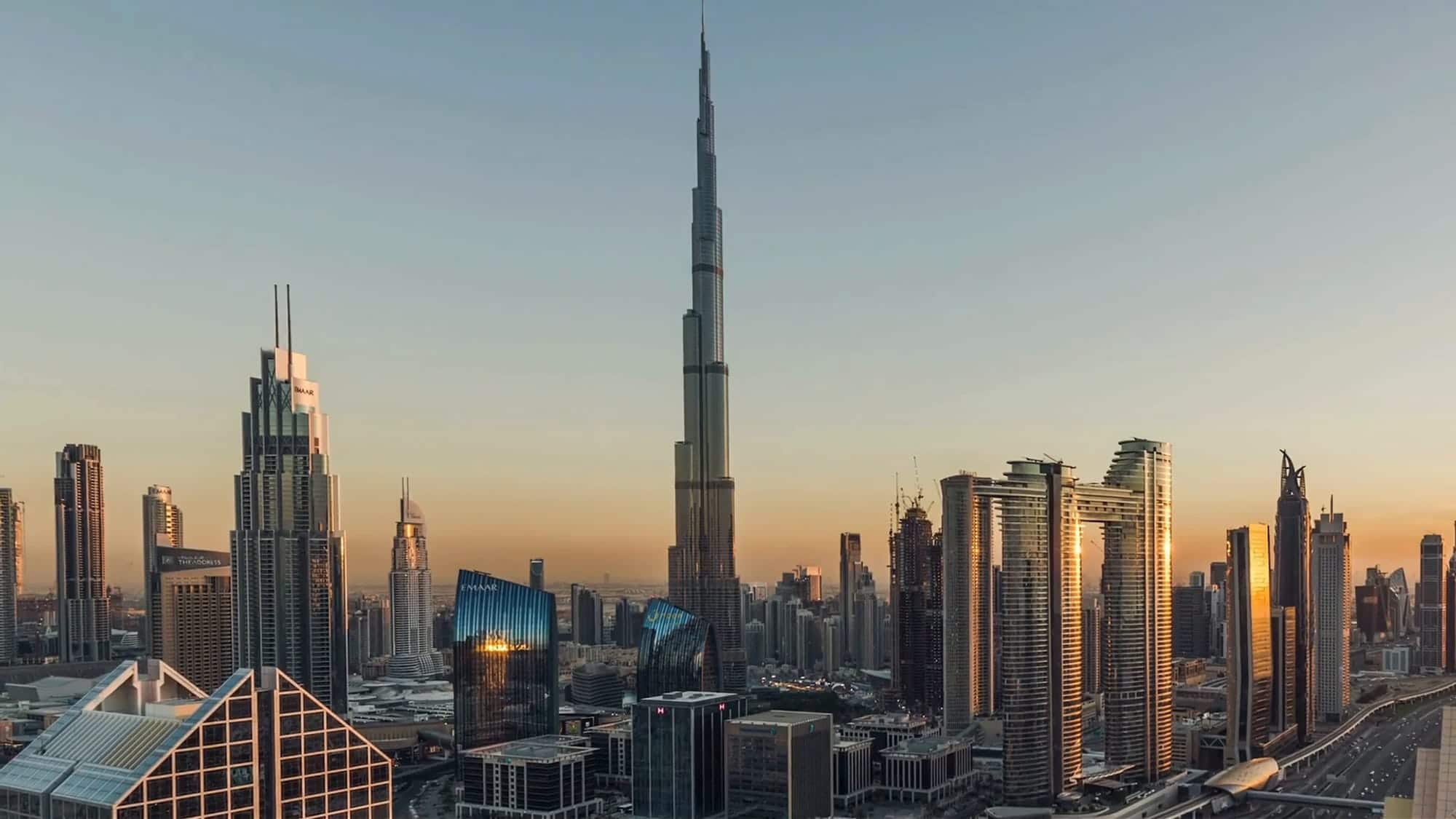 Cinematic view of Dubai, the opening frame of the ALVIA hero film.