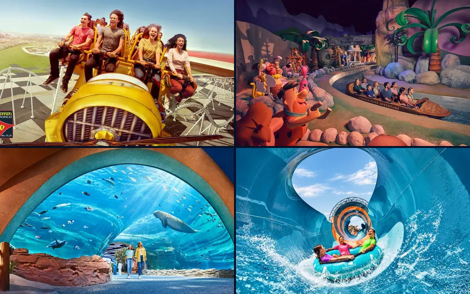 Yas Island parks: Ferrari World, Warner Bros. World, SeaWorld and Yas Waterworld Abu Dhabi